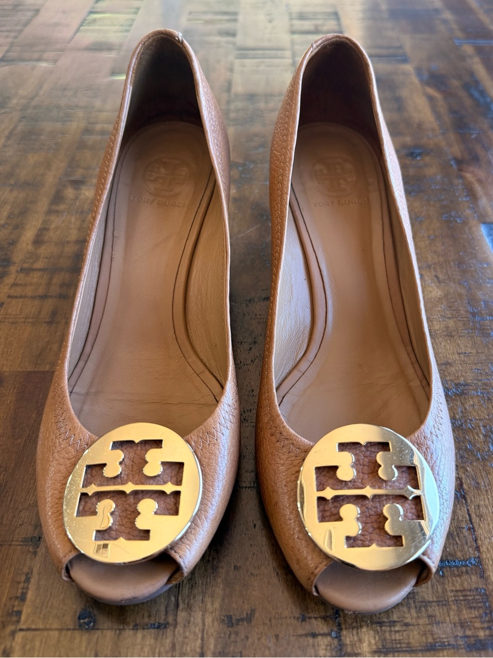 Tory Burch Tan Leather Peep-Toe Flats with Gold Logo Medallion
